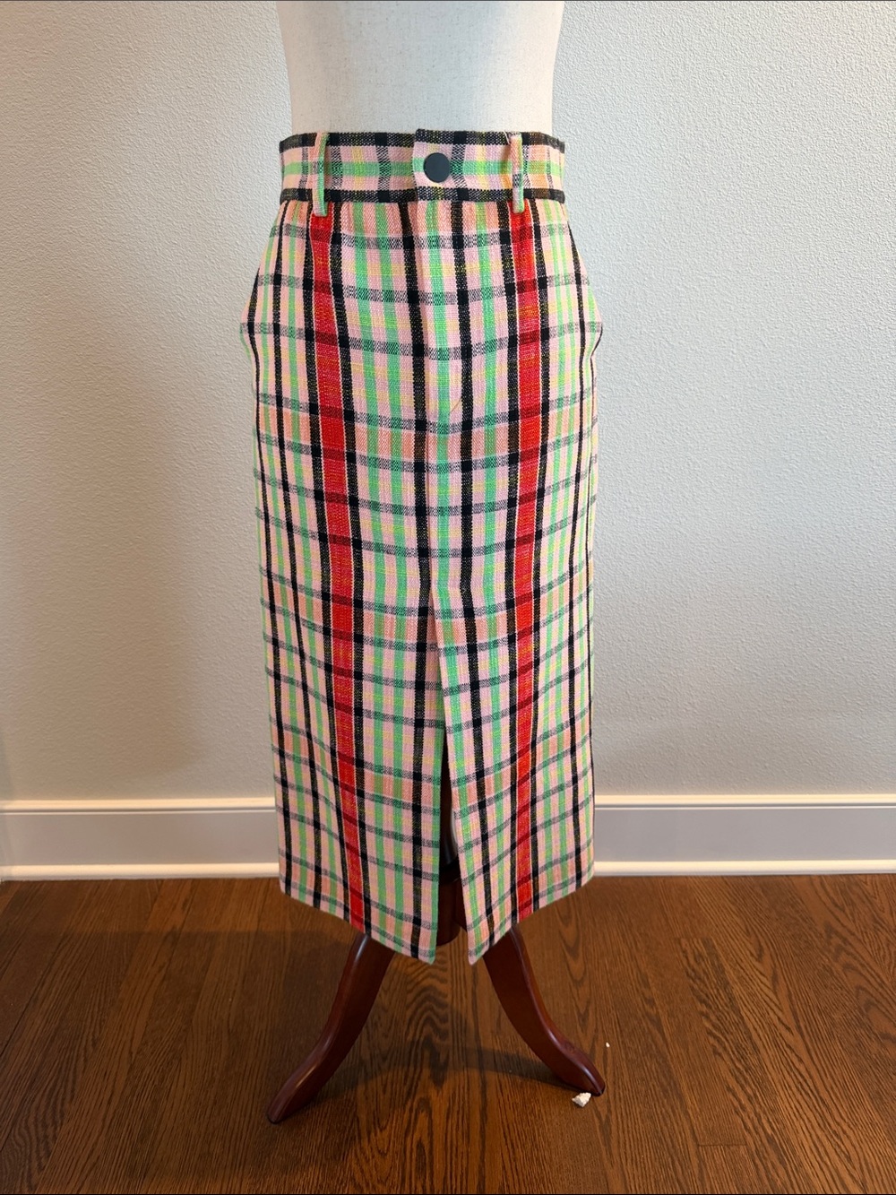 Zara Checked Pencil Skirt in Red, Pink & Green